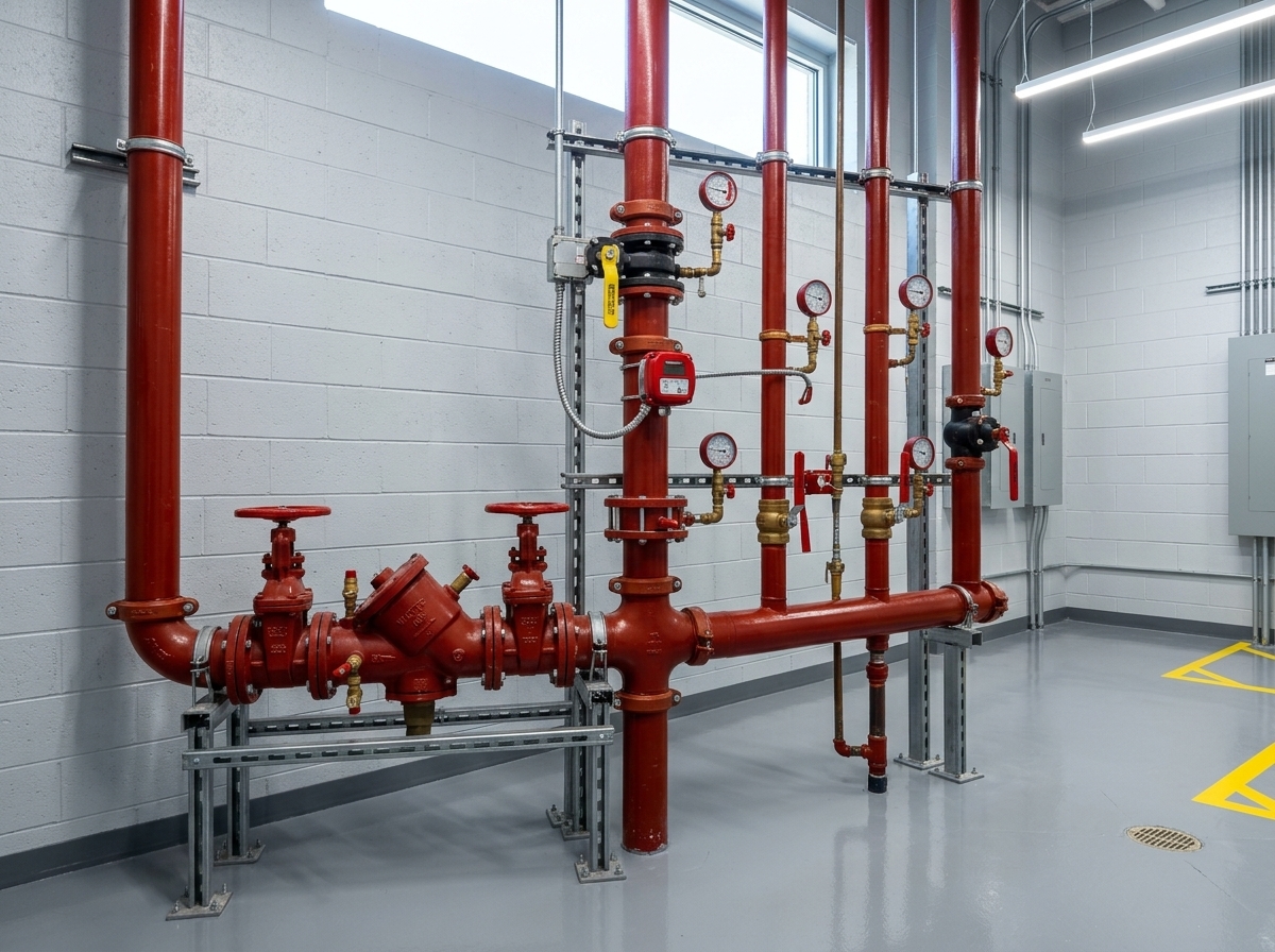 Sprinkler riser, valves and backflow assembly in a mechanical room in Albuquerque, NM
