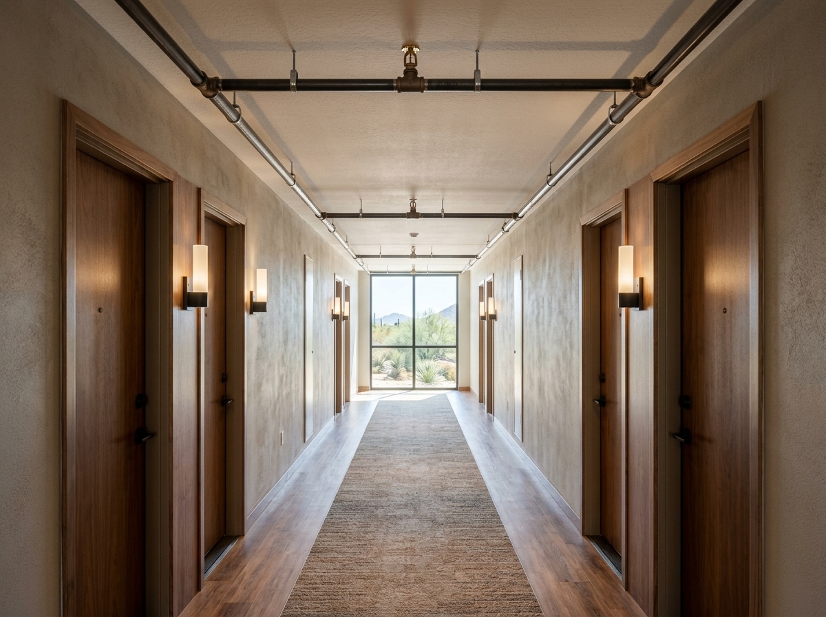 Sprinkler heads and piping in a multifamily corridor in Albuquerque, NM